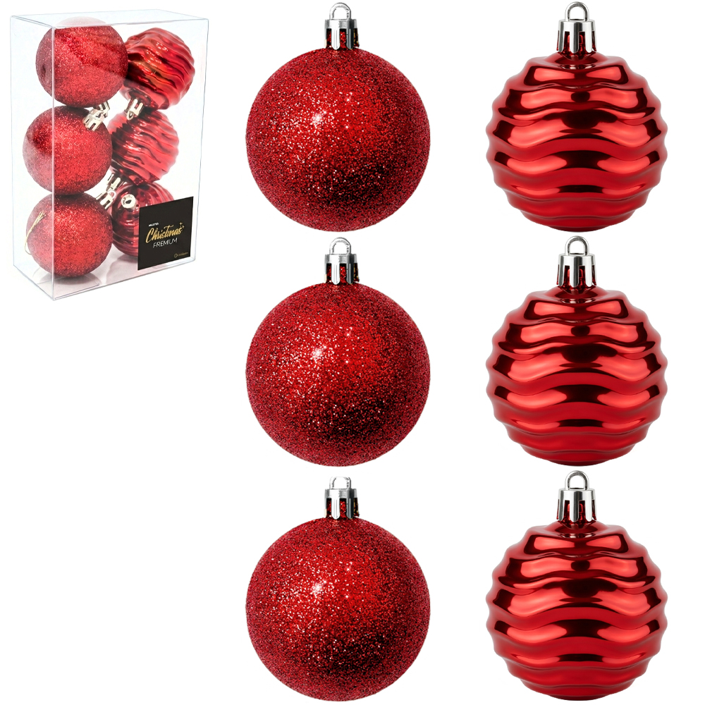 BOLA DE NATAL 6CM DE Ø VERMELHA GLITTER / ONDULADA PREMIUM CAIXA COM 6 PECAS