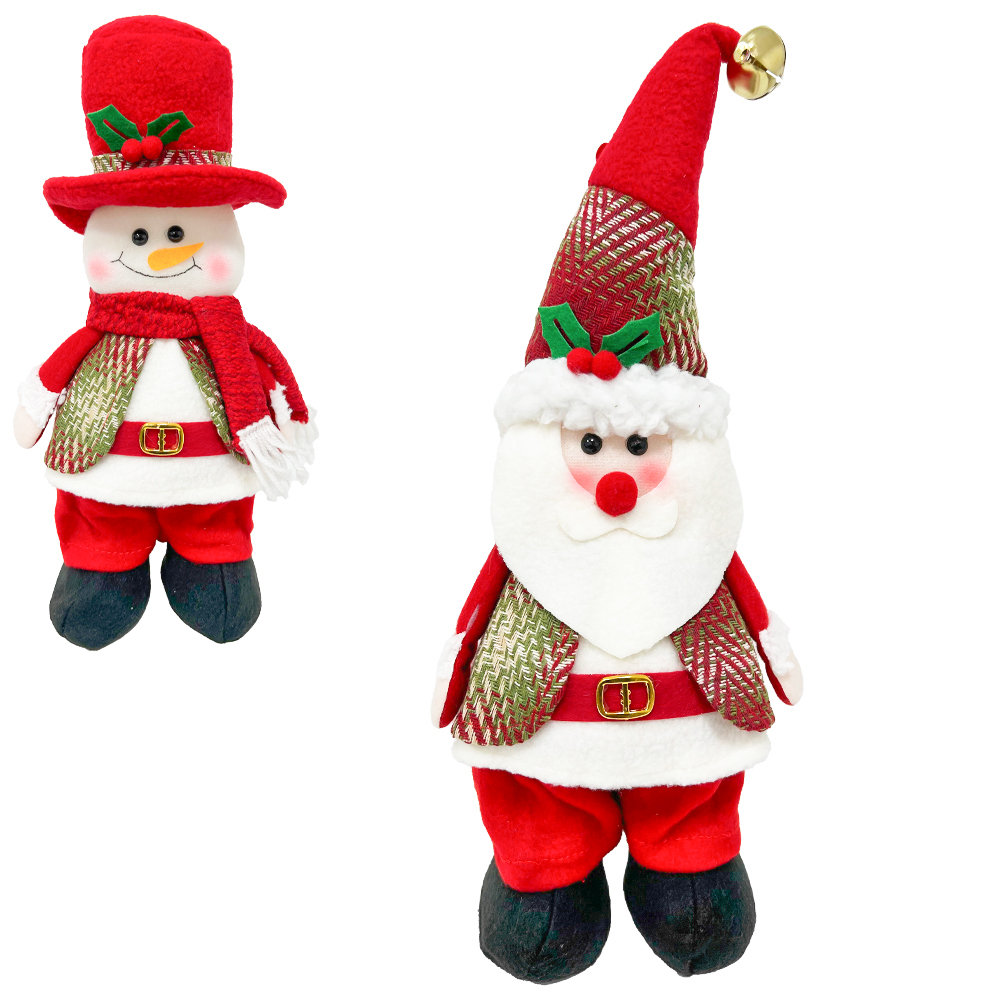 ENFEITE PAPAI NOEL / BONECO DE NEVE FELTRO XADREZ VM COM LED A BATERIA 38X15CM