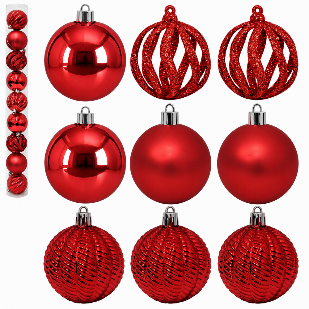 BOLA DE NATAL 6CM DE Ø VERMELHA MISTA 3D FOSCA / LISA / VAZADA COM GLITTER 9 PECAS NO TUBO