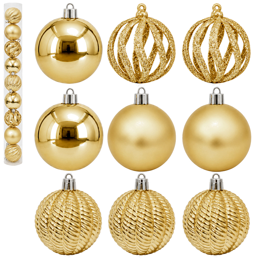 BOLA DE NATAL 6CM DE Ø DOURADA MISTA 3D FOSCA / LISA / VAZADA COM GLITTER 9 PECAS NO TUBO