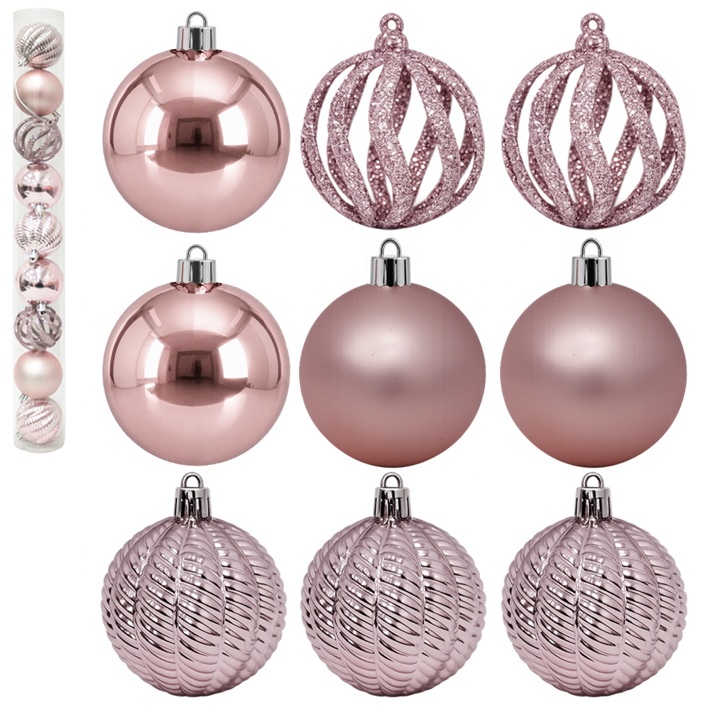 BOLA DE NATAL 6CM DE Ø ROSE MISTA 3D FOSCA / LISA / VAZADA C/GLITTER 9 PECAS NO TUBO