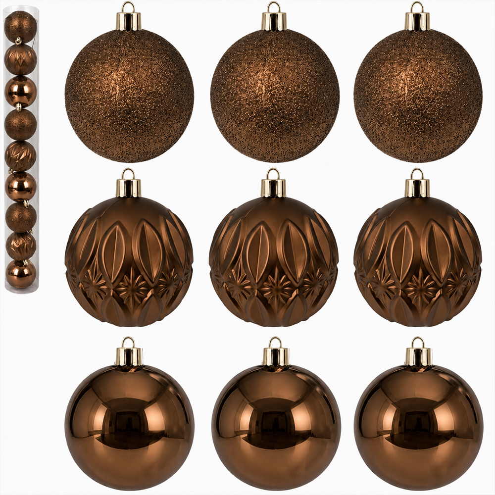 BOLA DE NATAL 6CM DE Ø COBRE MISTA LISA / LOSANGO FOSCA / GLITTER 9 PECAS NO TUBO