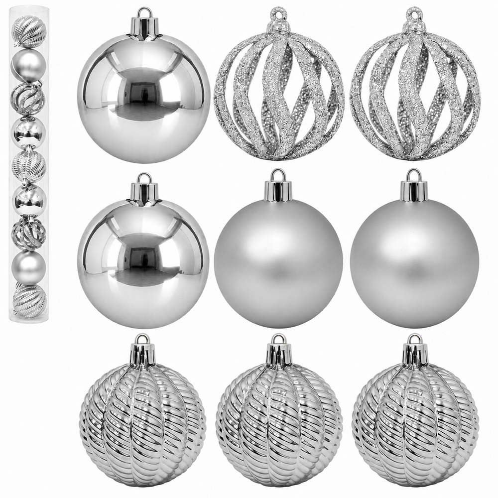 BOLA DE NATAL 6CM DE Ø PRATA MISTA 3D FOSCA / LISA / VAZADA COM GLITTER 9 PECAS NO TUBO