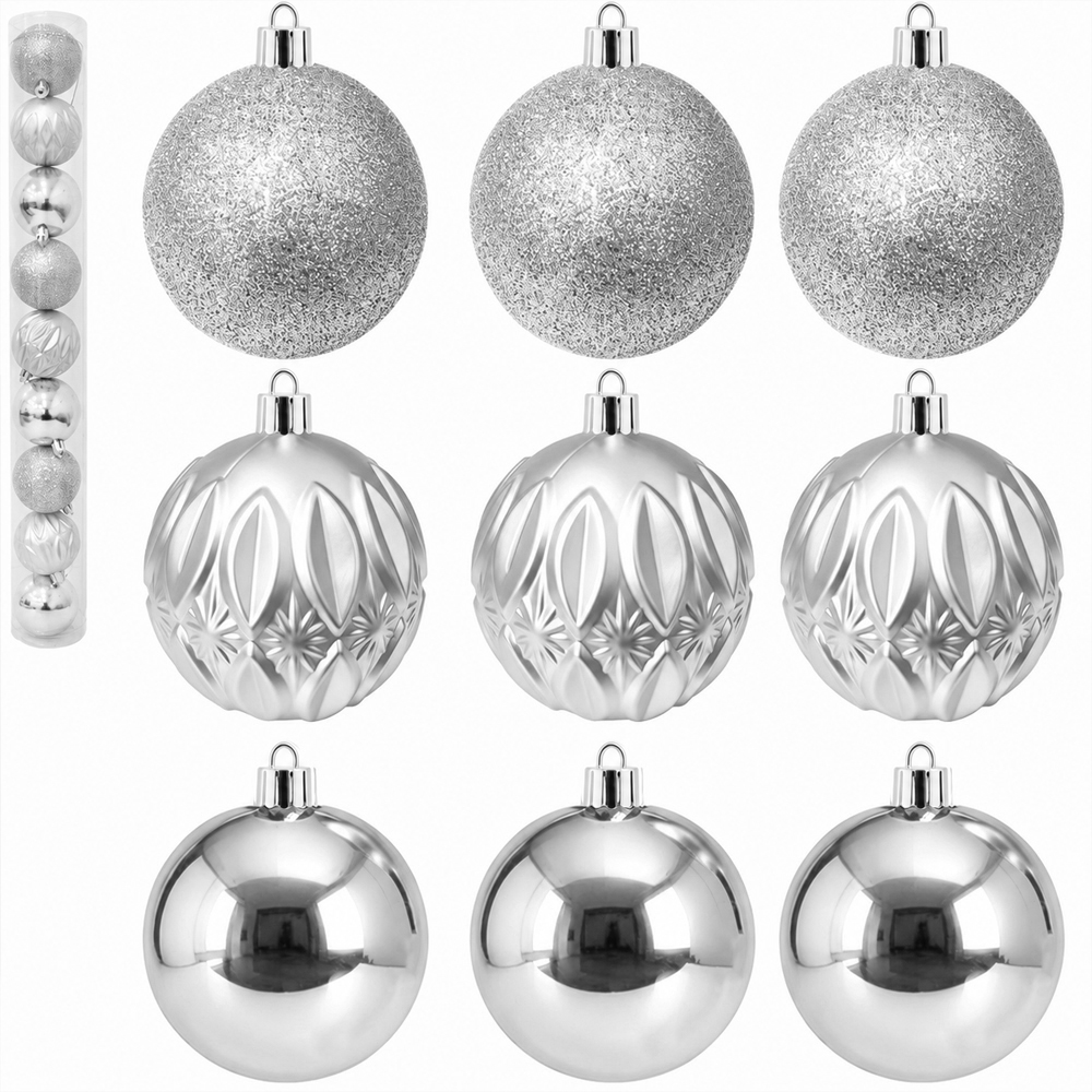 BOLA DE NATAL 6CM DE Ø PRATA MISTA LISA / LOSANGO FOSCA / GLITTER 9 PECAS NO TUBO