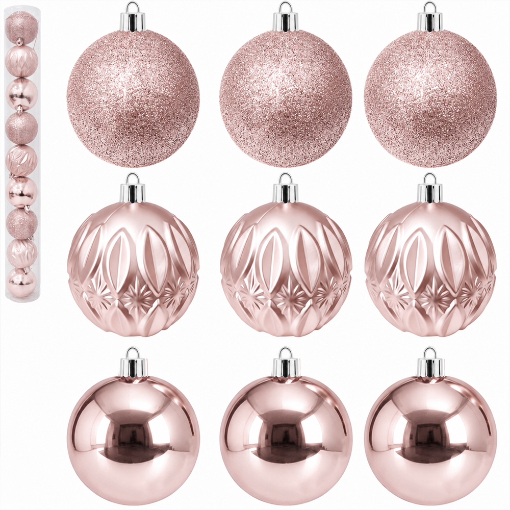 BOLA DE NATAL 6CM DE Ø ROSE MISTA LISA / LOSANGO FOSCA / GLITTER 9 PECAS NO TUBO