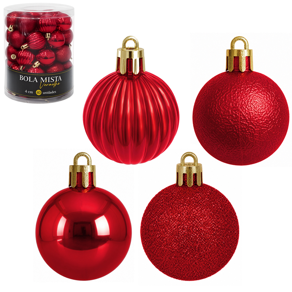 BOLA DE NATAL 4CM DE Ø VERMELHA MISTA GLITTER / ENRUGADA / LISA / ONDULADA PREMIUM COM 40 PECAS NO TUBO
