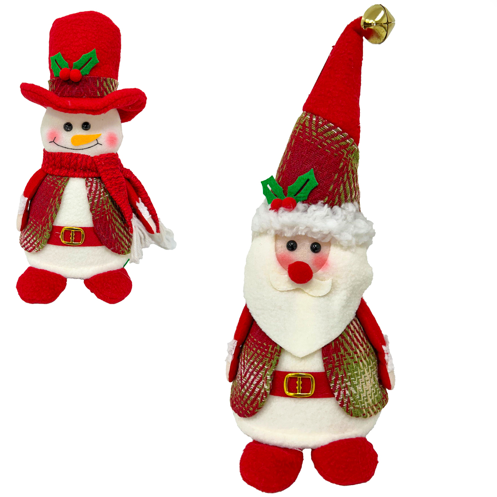 ENFEITE PAPAI NOEL / BONECO DE NEVE FELTRO XADREZ VM COM LED A BATERIA 30X18CM