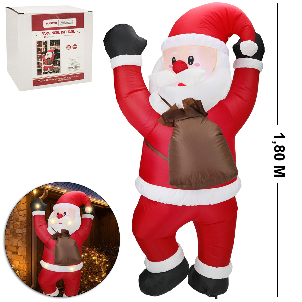 ENFEITE PAPAI NOEL INFLAVEL COM MOCHILA + 6 LEDS BIVOLT 1,80M