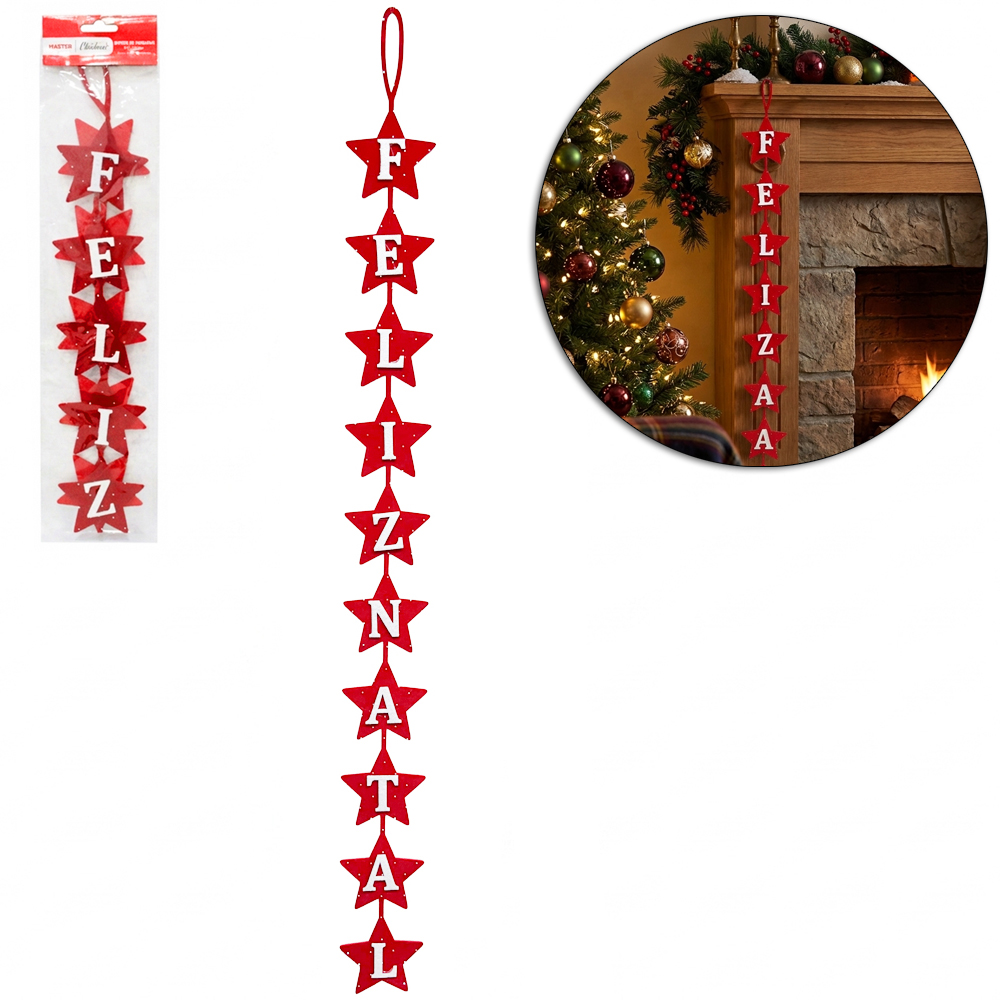 ENFEITE DE PENDURAR CAMURCA FELIZ NATAL COM STRASS 90X8CM