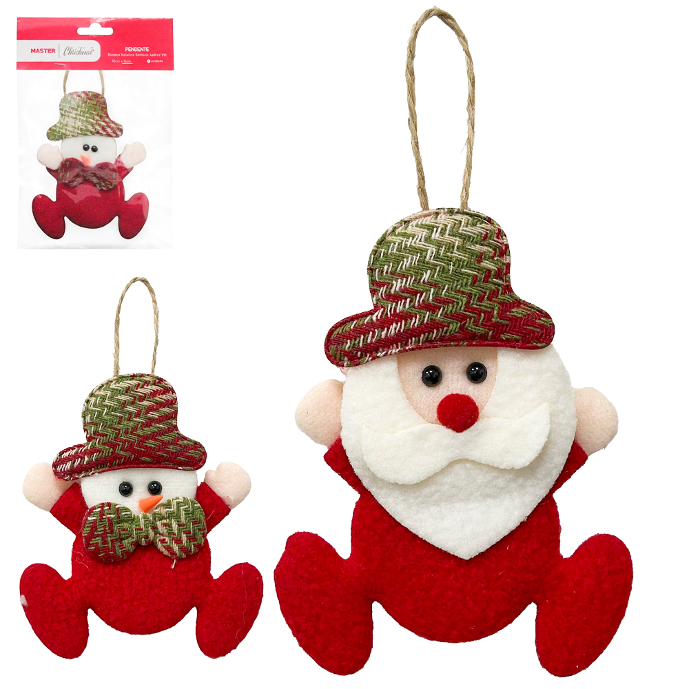 PENDENTE PAPAI NOEL / BONECO DE NEVE DE PELUCIA SENTADO XADREZ VM 11X10CM