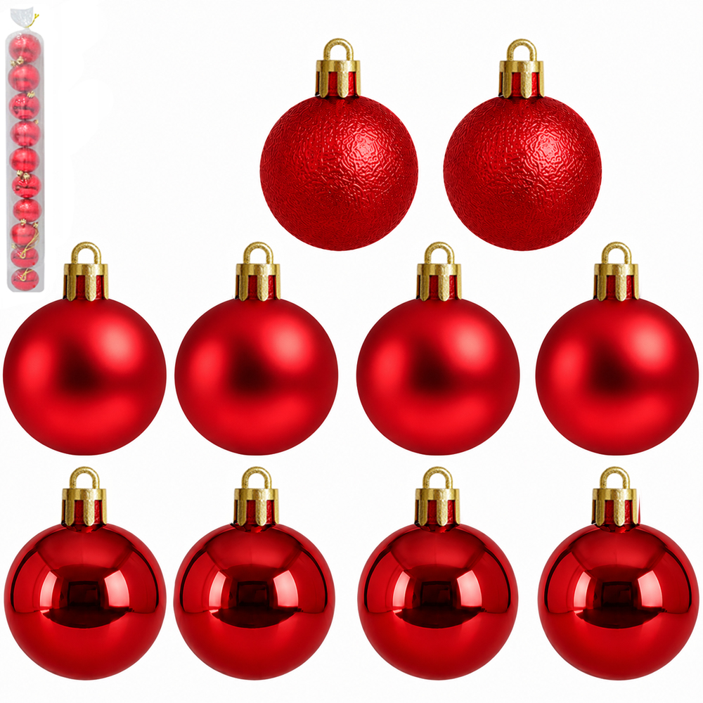 BOLA DE NATAL 5CM DE Ø VERMELHA MISTA BRILHO / FOSCA / TEXTURADA PECOTE COM 10 PECAS