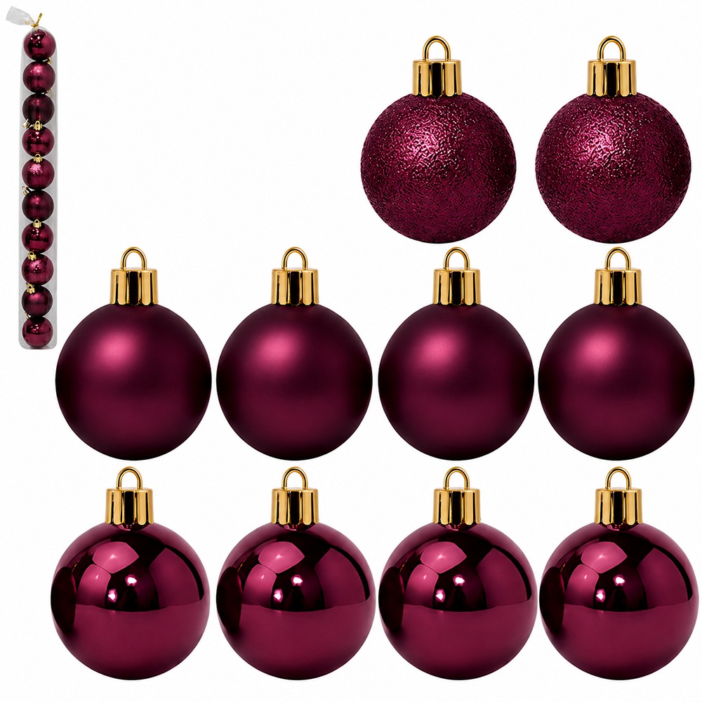 BOLA DE NATAL 5CM DE Ø VINHO MISTA BRILHO / FOSCA / TEXTURADA BORGONHA PACOTE COM 10 PECAS