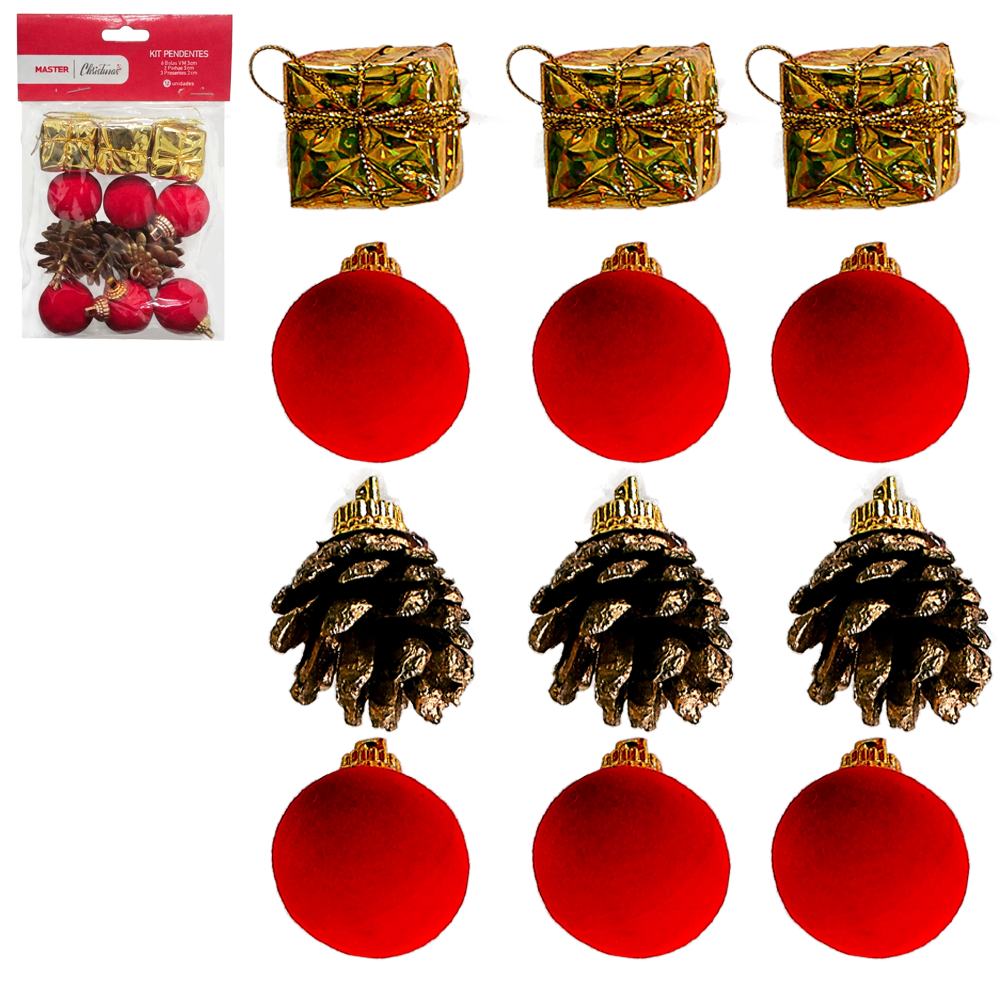 KIT PENDENTE COM 6 BOLAS CAMURCA + 3 PINHAS E 3 CAIXA PRESENTE