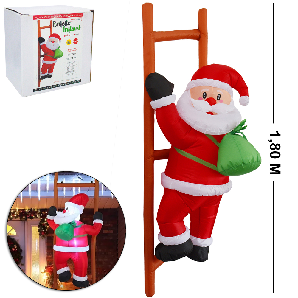 ENFEITE PAPAI NOEL NA ESCADA INFLAVEL COM 2 LEDS BIVOLT 1,80M