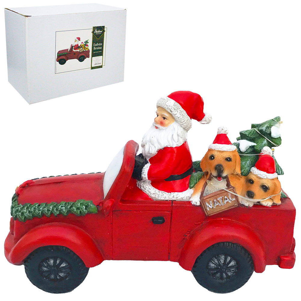 ENFEITE PAPAI NOEL NO CARRO COM CACHORRO + ARVORE NATAL DE RESINA COM LED BATERIA PREMIUM 20X13,5X9CM