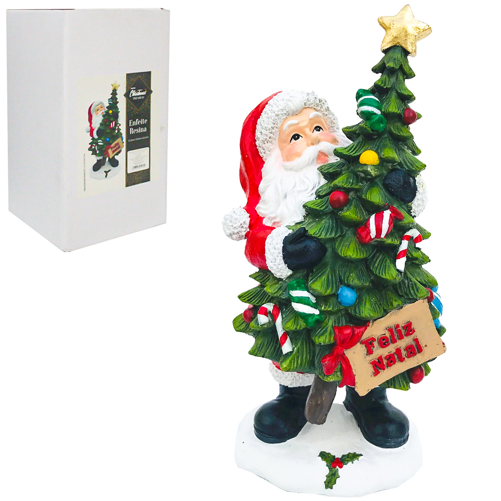 ENFEITE PAPAI NOEL COM ARVORE DE NATAL DE RESINA PREMIUM 24,5X12,3X11,5CM