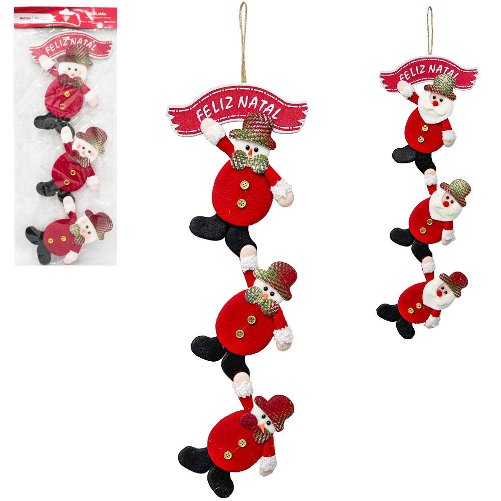 GUIRLANDA 3 PAPAI NOEL / 3 BONECO DE NEVE XADREZ VM COM PLACA FELIZ NATAL 52X17CM