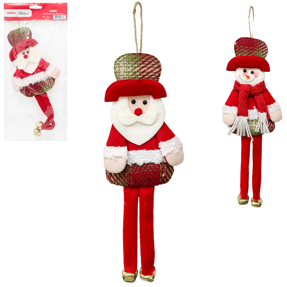 PENDENTE PAPAI NOEL / BONECO DE NEVE DE PELUCIA COM PERNA MOLE + GUIZO 32X13CM