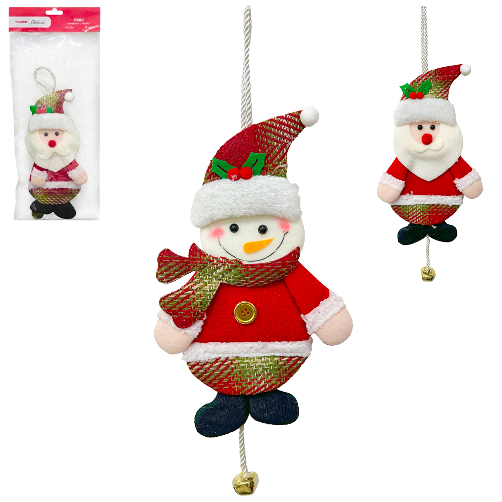PENDENTE PAPAI NOEL / BONECO DE NEVE DE PELUCIA COM GUIZO VM/XD 37X17CM