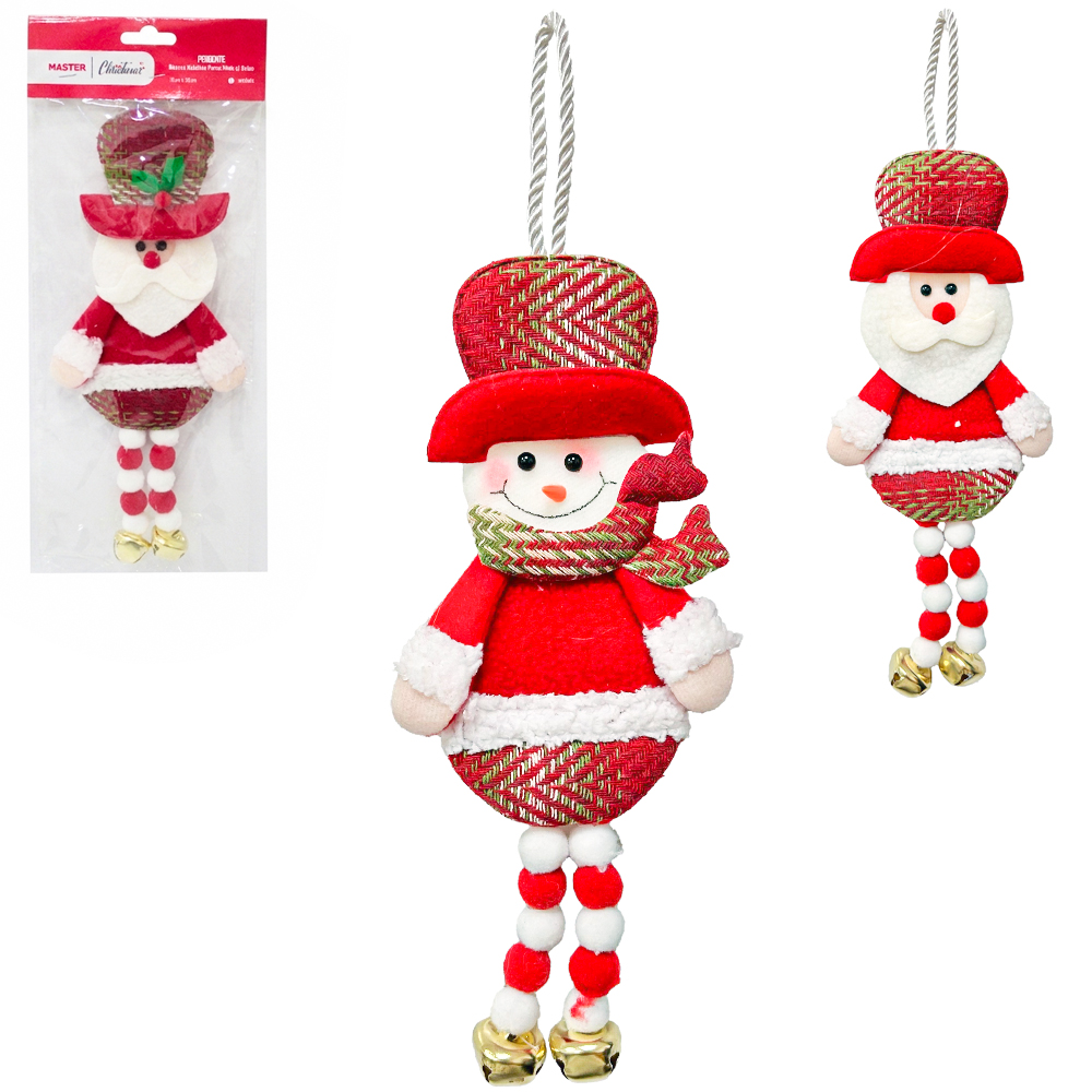 PENDENTE PAPAI NOEL / BONECO DE NEVE DE PELUCIA COM PERNA MOLE + GUIZO 30X10CM
