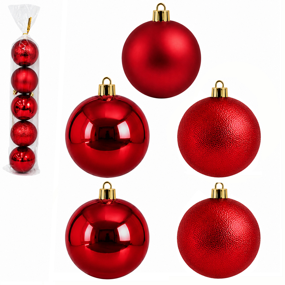 BOLA DE NATAL 8CM DE Ø VERMELHA MISTA BRILHO / FOSCA / TEXTURADA PACOTE COM 5 PECAS