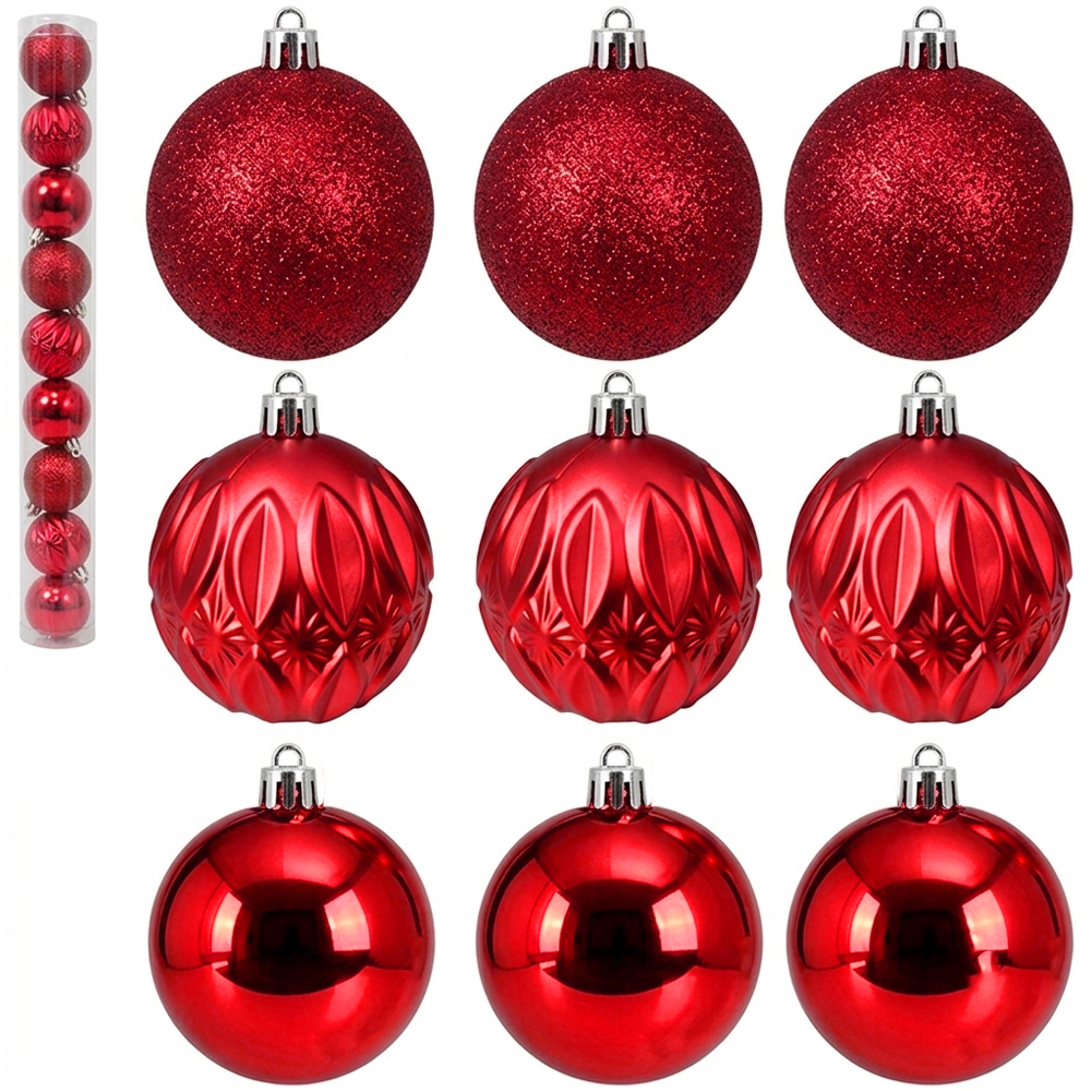 BOLA DE NATAL 6CM DE Ø VERMELHA MISTA LISA / LOSANGO FOSCA / GLITTER 9 PECAS NO TUBO
