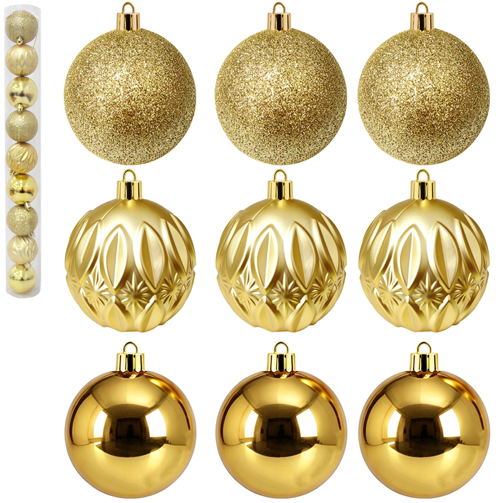 BOLA DE NATAL 6CM DE Ø DOURADA MISTA LISA / LOSANGO FOSCA / GLITTER 9 PECAS NO TUBO