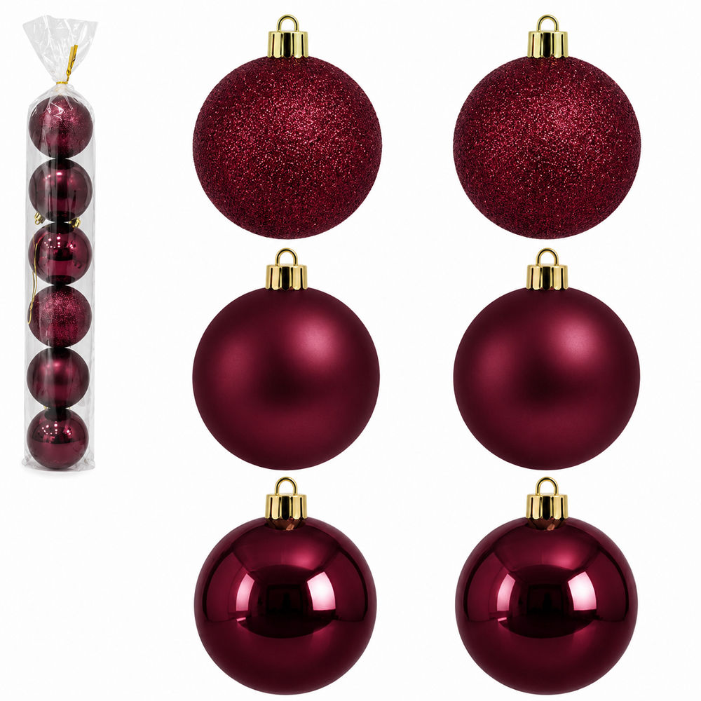 BOLA DE NATAL 7CM DE Ø VINHO MISTA BRILHO / FOSCA / TEXTURADA BORGONHA PACOTE COM 6 PECAS 