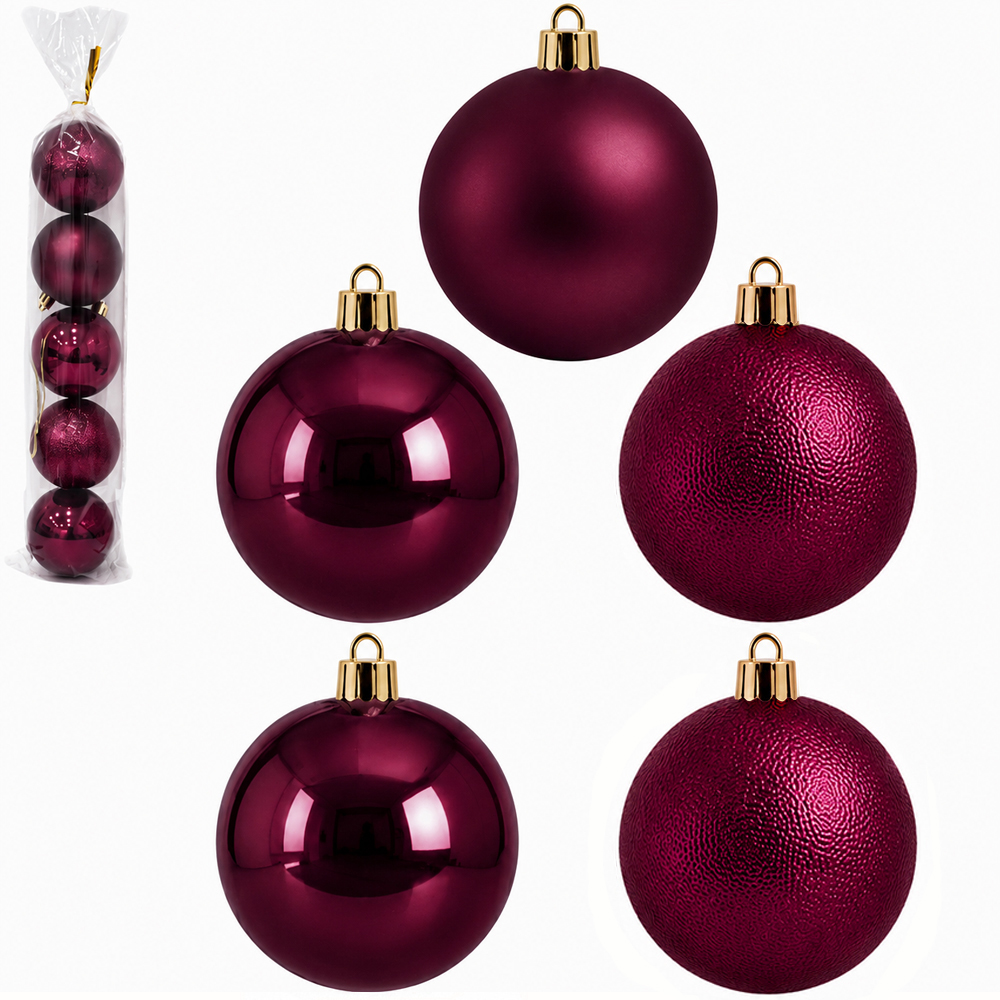 BOLA DE NATAL 8CM DE Ø VINHO MISTA BRILHO / FOSCA / TEXTURADA BORGONHA PACOTE COM 5 PECAS