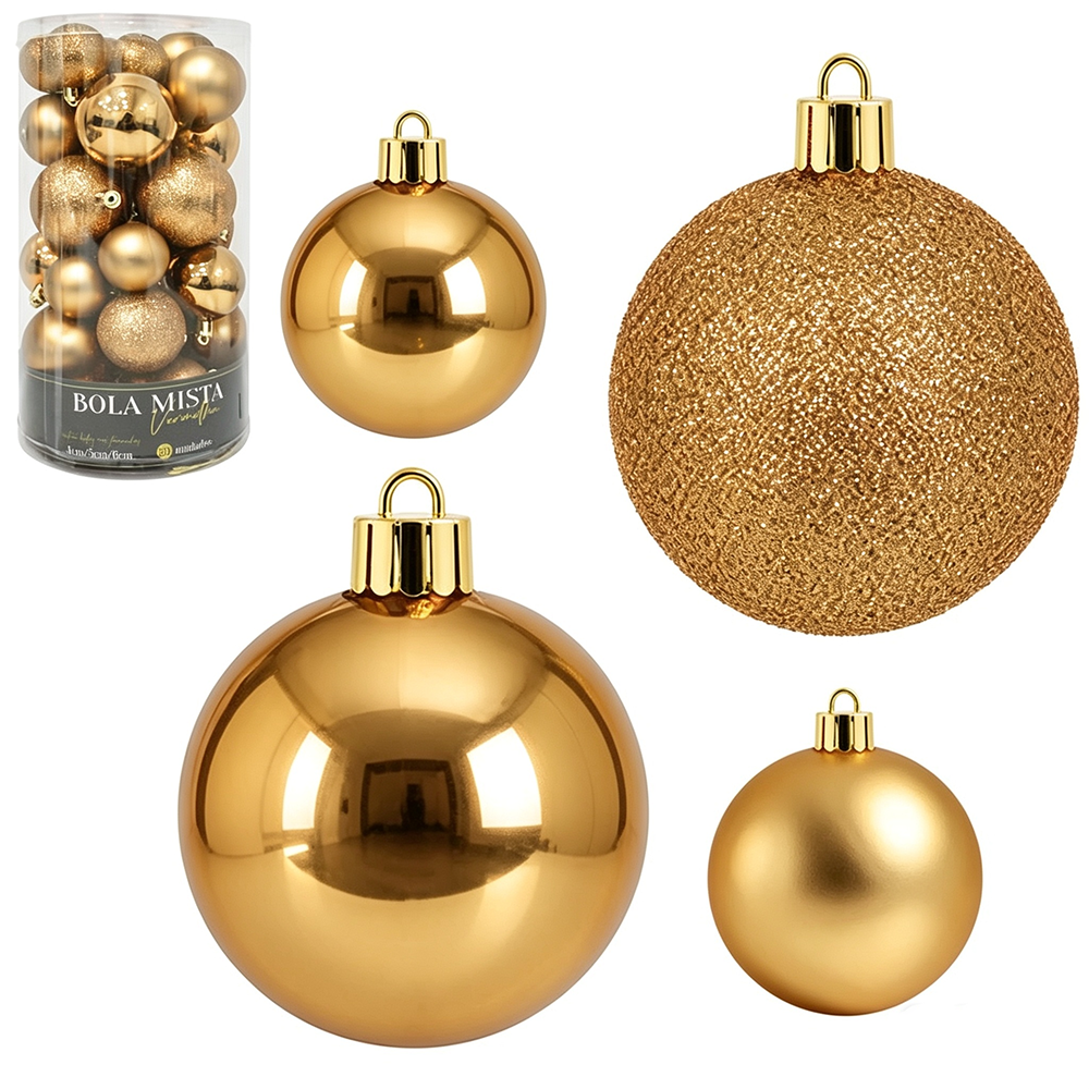 BOLA DE NATAL 4 / 5 / 6 CM DE Ø DOURADA MISTA FOSCA / LISA / GLITTER COM 30 PECAS NO TUBO