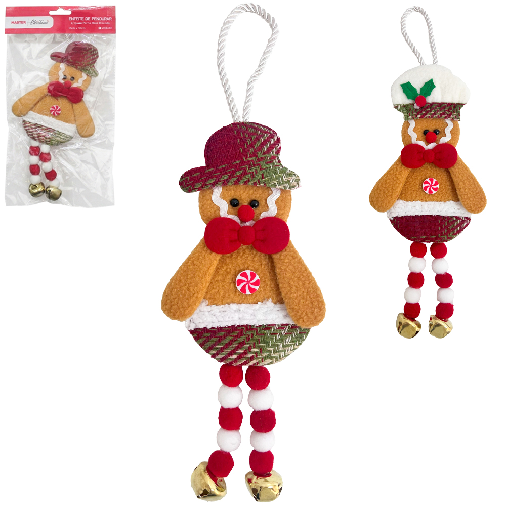 ENFEITE PENDURAR BISCOITO DE GENGIBRE DE PELUCIA COM GUIZO E PERNA MOLE 30X12CM