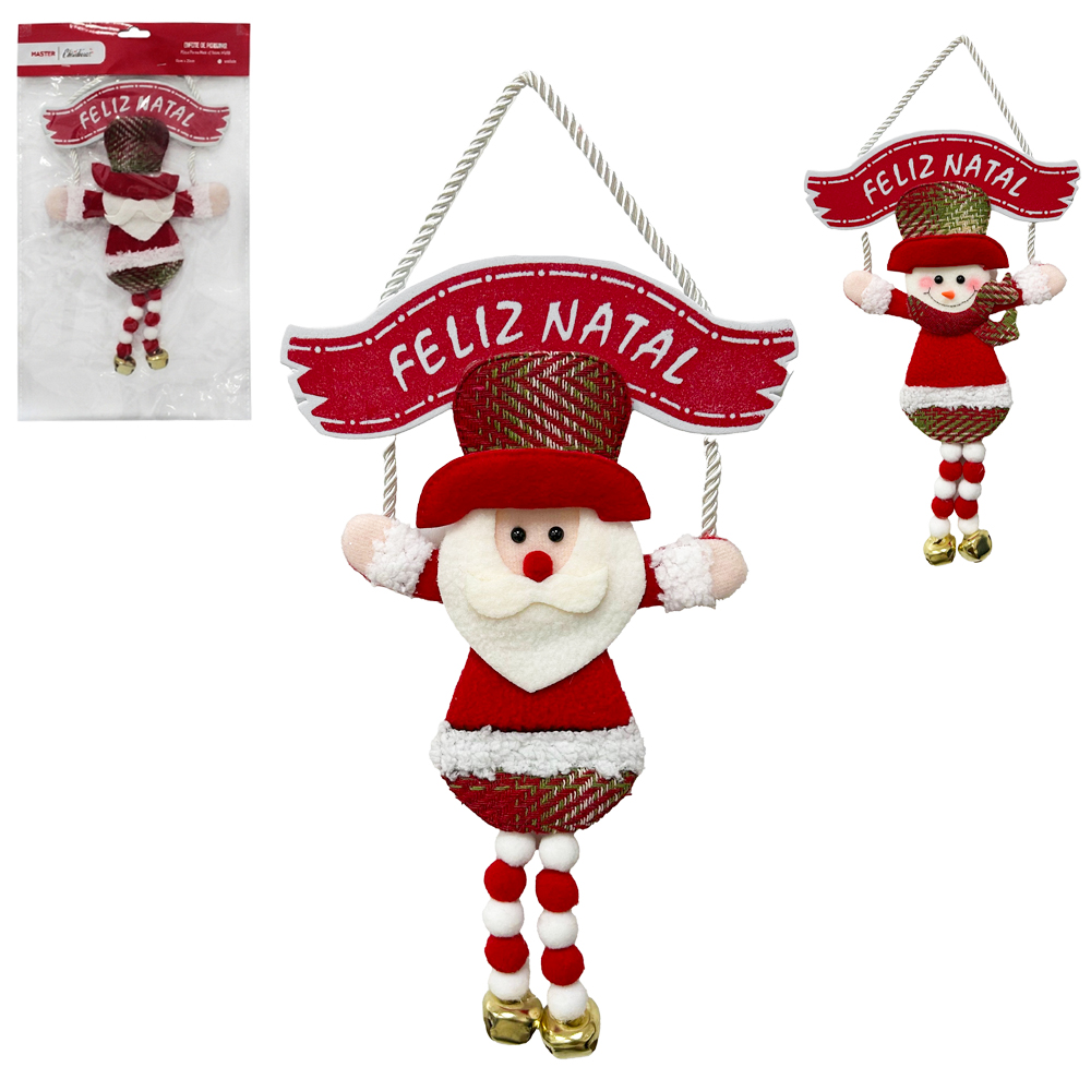 ENFEITE DE PENDURAR PAPAI NOEL / BONECO NEVE PELUCIA COM PLACA FELIZ NATAL + PERNA MOLE E GUIZO VM / XD