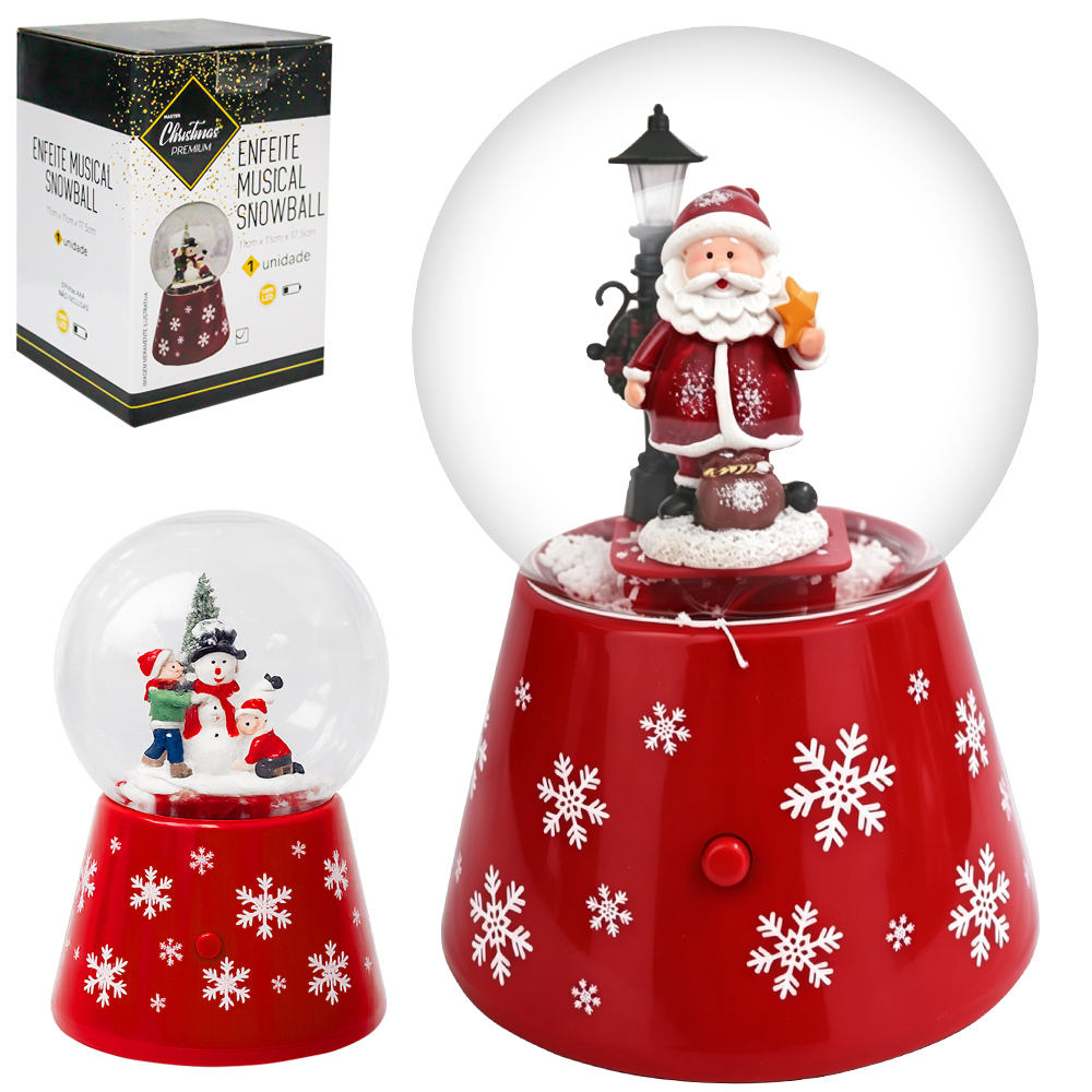 ENFEITE MUSCIAL SNOWBALL CUPULA PAPAI NOEL / BONECO DE NEVE PREMIUM COM LED A PILHA 17,5X11CM DE Ø