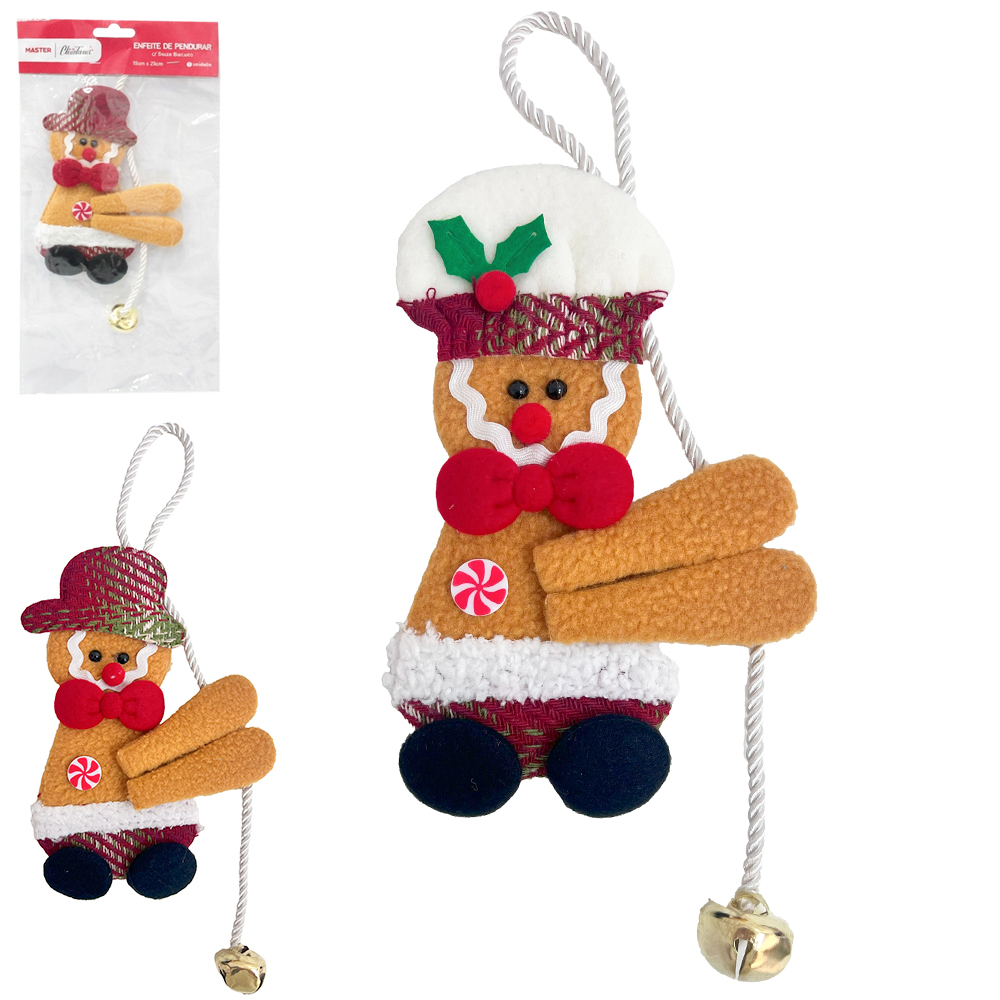 ENFEITE DE PENDURAR BISCOITO DE GENGIBRE COM GUIZO 25X15CM