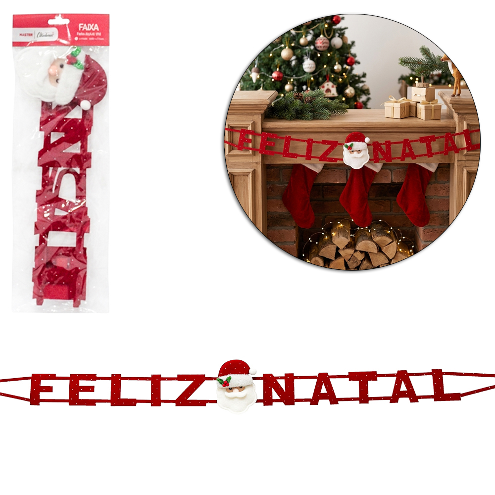 FAIXA FELIZ NATAL VM COM PAPAI NOEL + STRASS 120X7,5CM