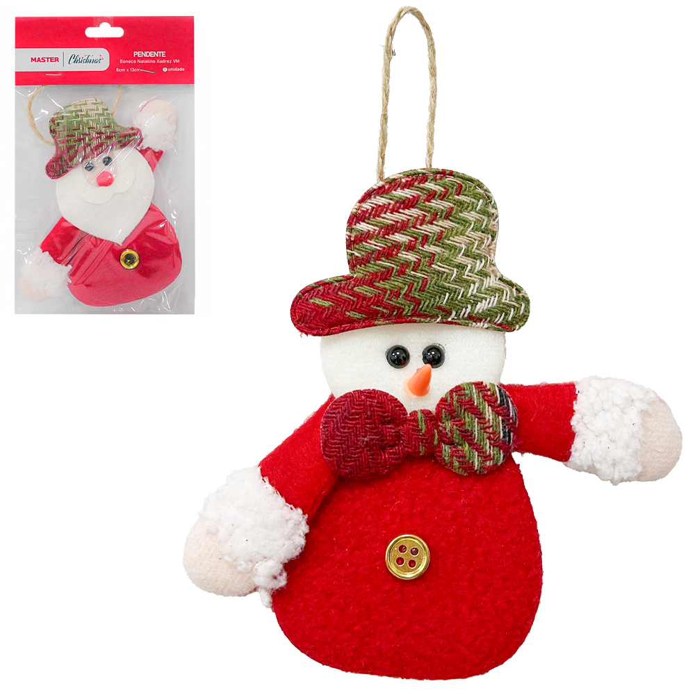 PENDENTE PAPAI NOEL / BONECO DE NEVE DE PELUCIA XADREZ VM 13X8CM