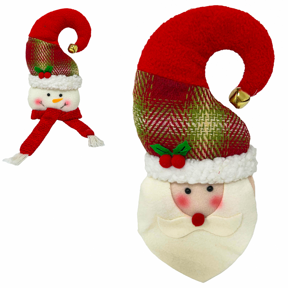 ENFEITE PENDURAR PAPAI NOEL / BONECO DE NEVE XADREZ VM COM GUIZO + LED A BATERIA 33X18CM