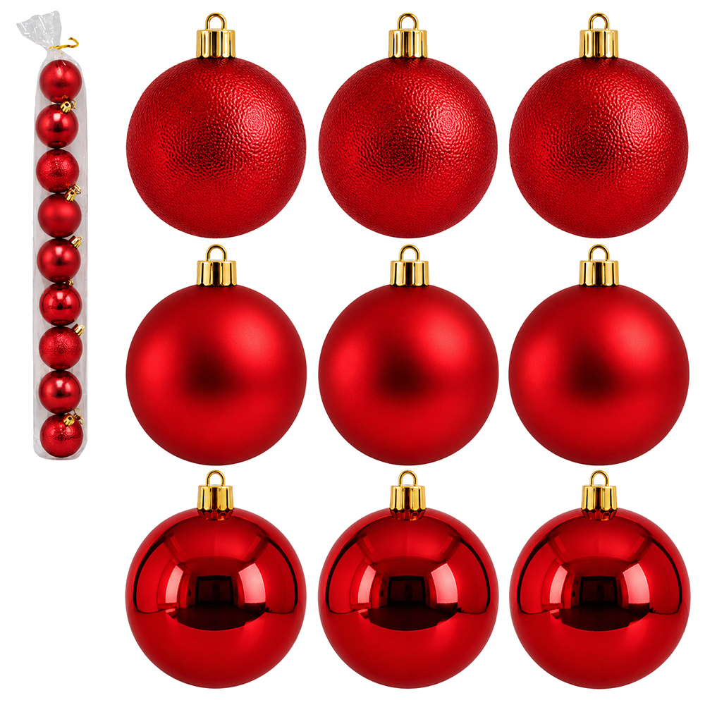 BOLA DE NATAL 6CM DE Ø VERMELHA MISTA BRILHO / FOSCA / TEXTURADA PACOTE COM 9 PECAS