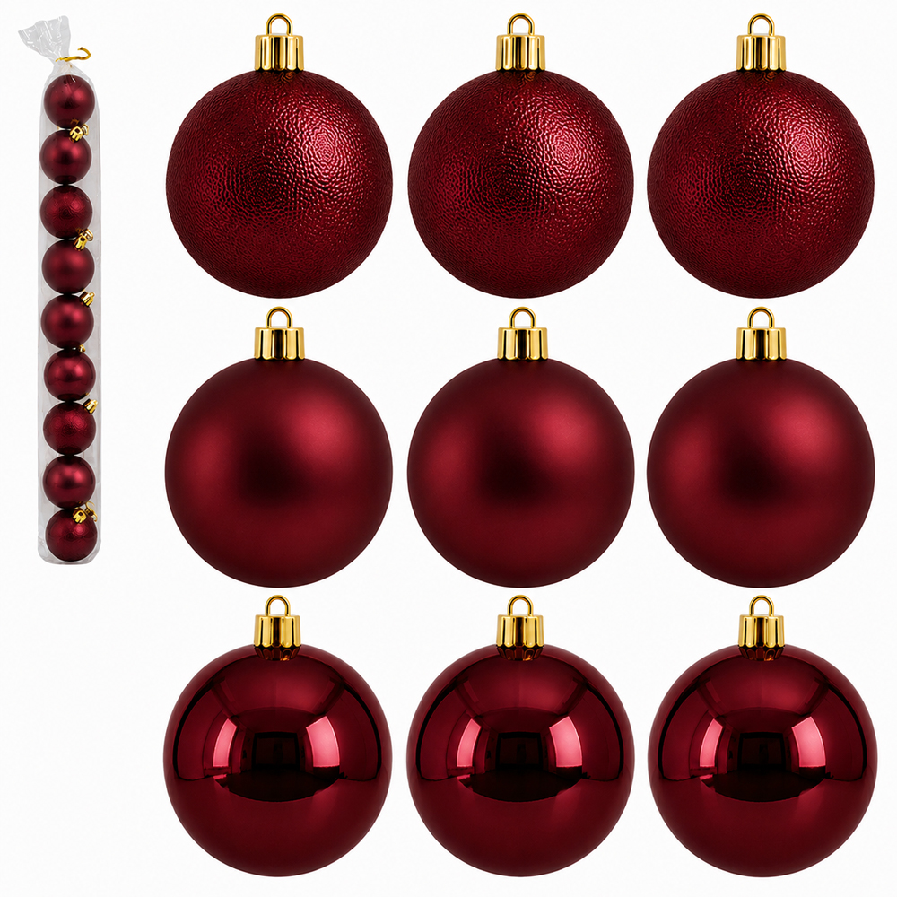 BOLA DE NATAL 6CM DE Ø VINHO MISTA BRILHO / FOSCA / TEXTURADA BORGONHA PACOTE COM 9 PECAS