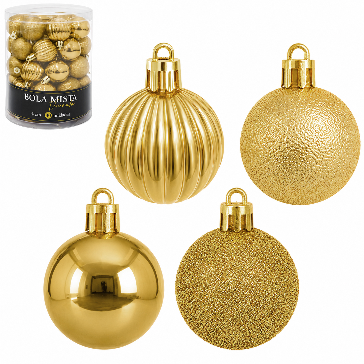 BOLA DE NATAL 4CM DE Ø DOURADA MISTA GLITTER / ENRUGADA / LISA / ONDULADA PREMIUM COM 40 PECAS NO TUBO