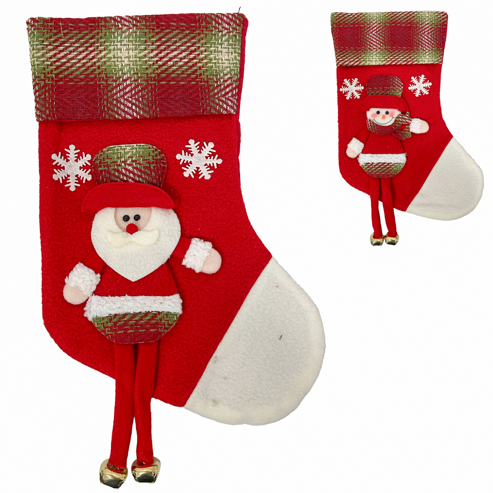 PENDENTE BOTA PAPAI NOEL / BONECO DE NEVE PERNA LONGA XADREZ VM COM GUIZO 40X22CM