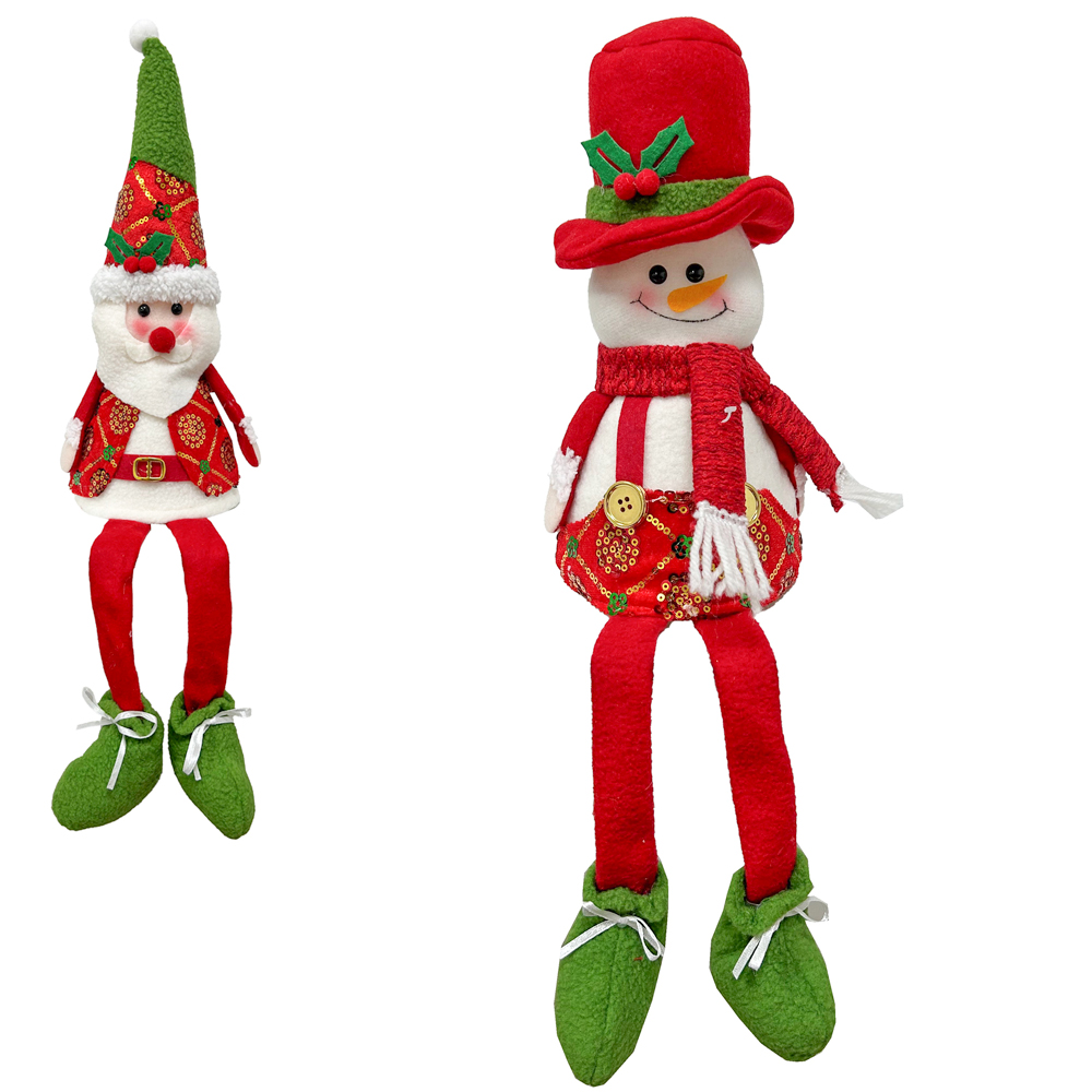 ENFEITE PAPAI NOEL / BONECO DE NEVE SENTADO PERNA MOLE PAETE VM COM LED A BATERIA 50X18CM