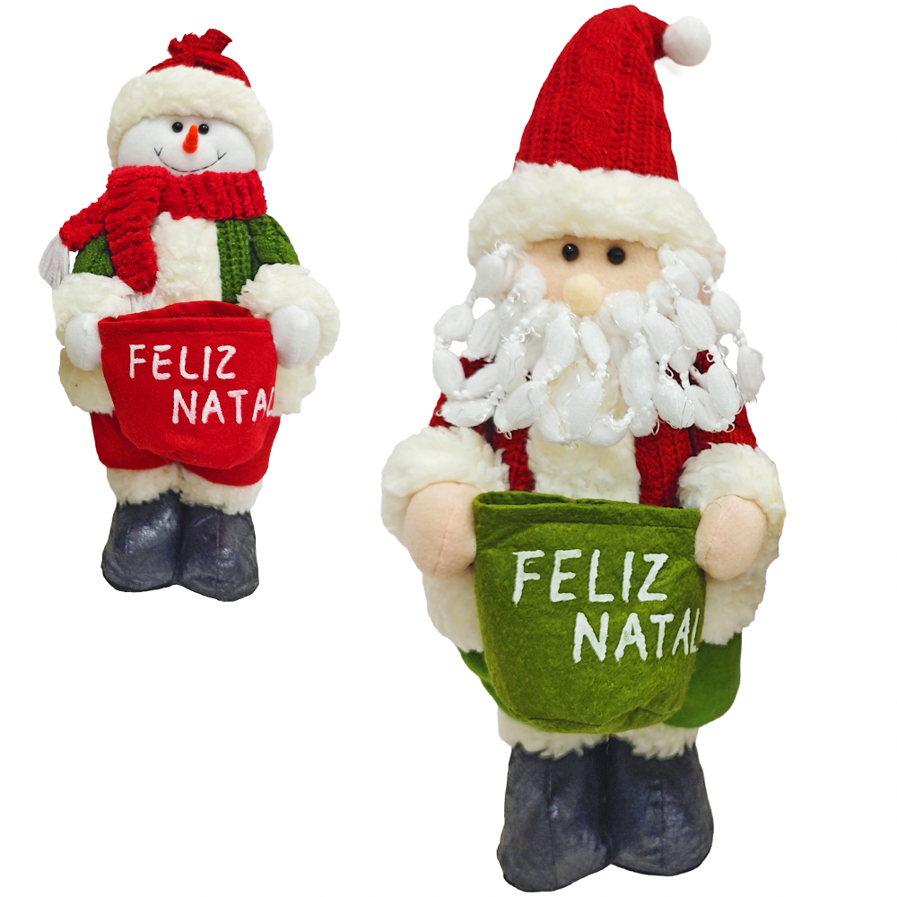 ENFEITE PAPAI NOEL / BONECO DE NEVE EM PE COM SACO FELIZ NATAL VD / VM 40X16CM