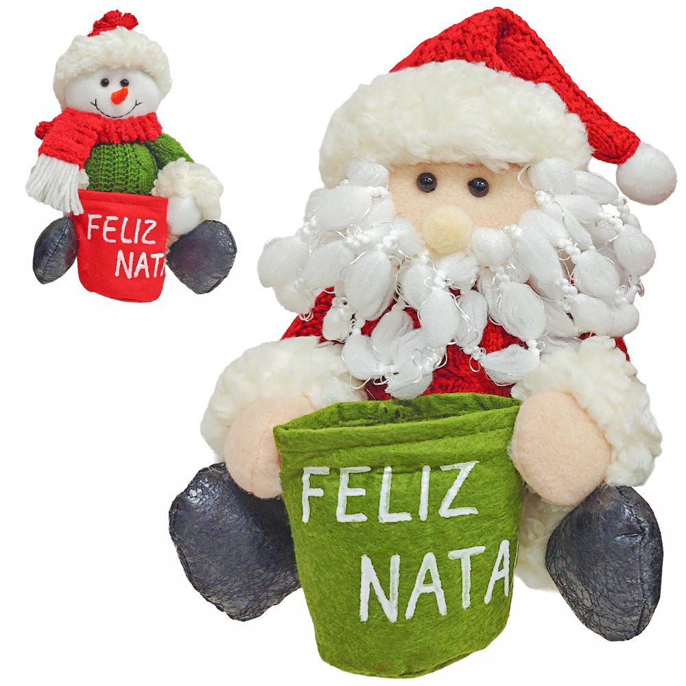 ENFEITE PAPAI NOEL / BONECO DE NEVE SENTADO COM SACO FELIZ NATAL VD / VM 22X17CM 