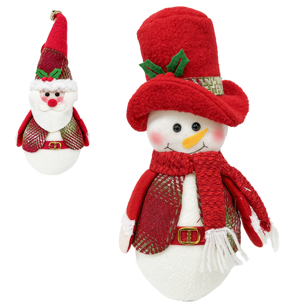ENFEITE PAPAI NOEL / BONECO DE NEVE FELTRO XADREZ VM COM LED A BATERIA 33X15CM