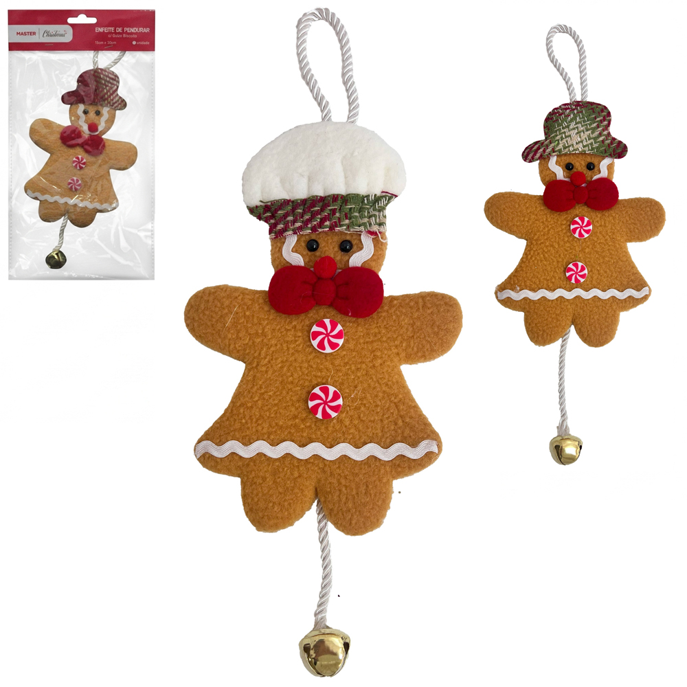 ENFEITE PENDURAR BISCOITO DE GENGIBRE COM GUIZO 30X15CM