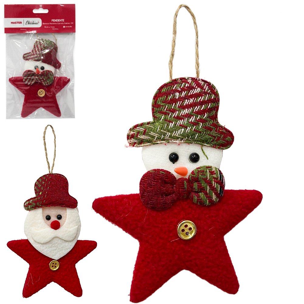 PENDENTE ESTRELA PAPAI NOEL / BONECO DE NEVE DE PELUCIA XADREZ VM 13X10CM