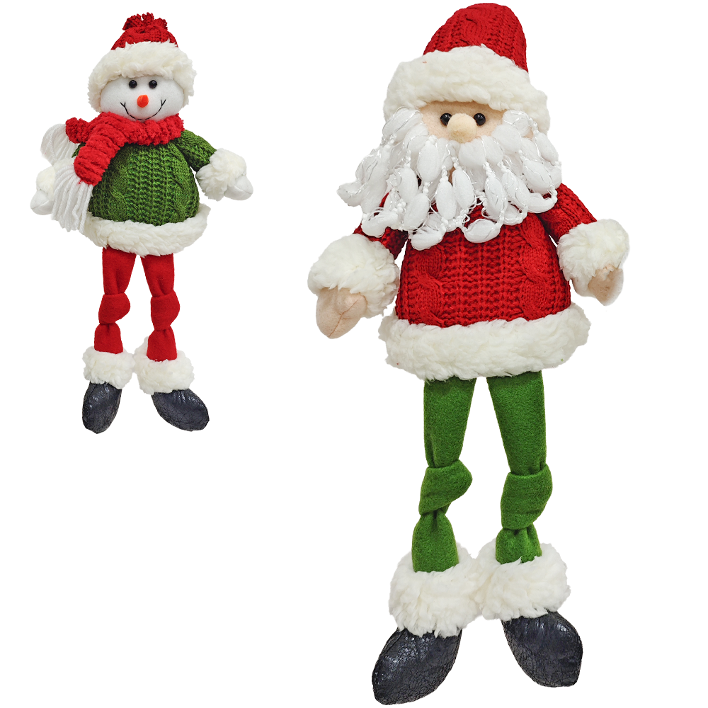 ENFEITE PAPAI NOEL / BONECO DE NEVE SENTADO PERNAS NO VD / VM 38CM
