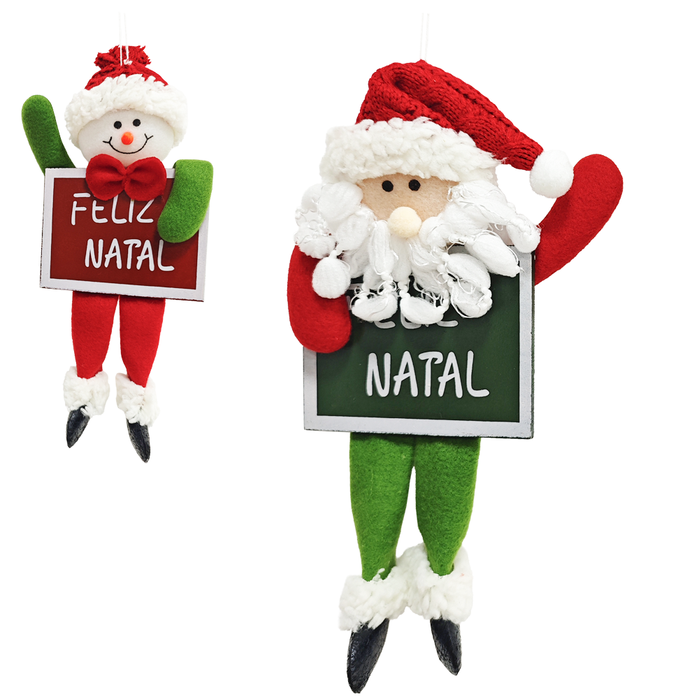 PENDENTE PAPAI NOEL / BONECO DE NEVE COM PLACA FELIZ NATAL VD / VM 25X11CM