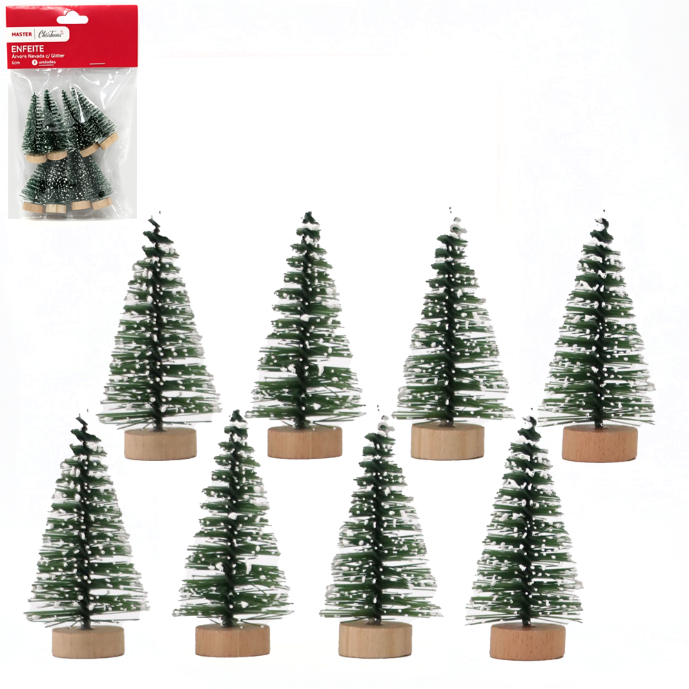 ENFEITE DE MESA MINI ARVORE NEVADA COM GLITTER COM BASE DE MADEIRA 8 PECAS 6X3CM DE Ø